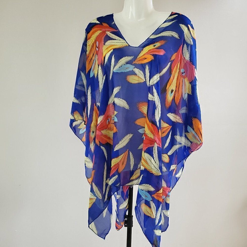 Multi-color feather print sheer poncho